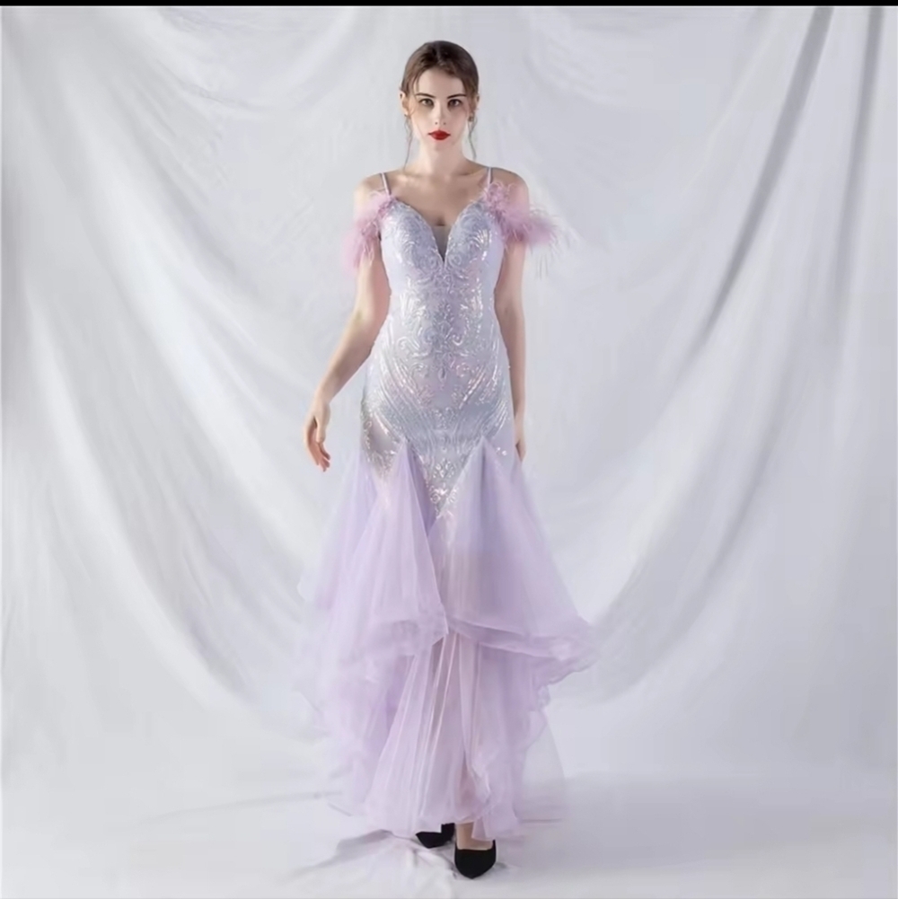 Purple, V Neck, Abstract Print, Ostrich Feathers, Tulle, Mermaid Gown